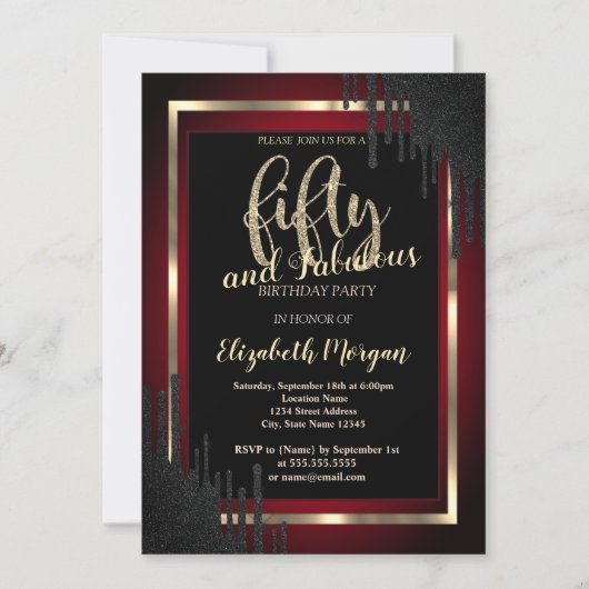 黒エレガント滴ダークレッド50誕生日 招待状 (正面)