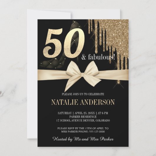 黒エレガント滴金ゴールドグリッター50日 招待状 (正面)