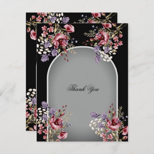 黒エレガント灰色の美しいフローラサンキューカード サンキューカード (正面/裏面)