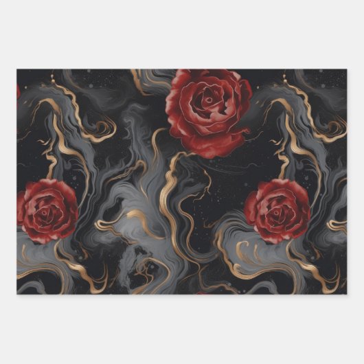 黒エレガント灰色の赤と金ゴールド大理石のデコページ ラッピングペーパーシート (正面2)