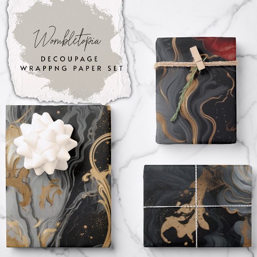 黒エレガント灰色の赤と金ゴールド大理石のデコページ ラッピングペーパーシート