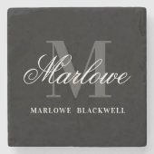 黒エレガント灰色モノグラム書道 ストーンコースター (正面)