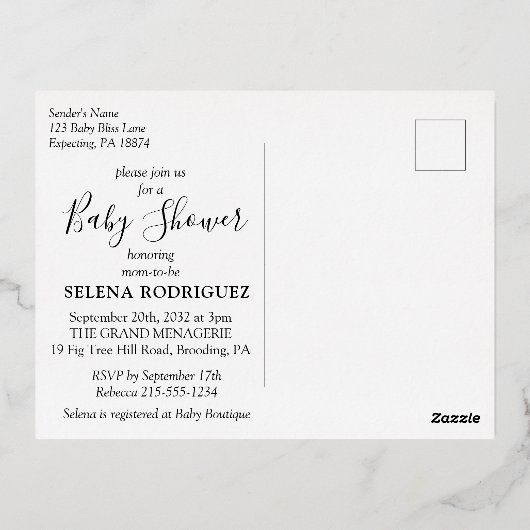 黒エレガント熱帯男女兼用赤ちゃん 箔招待状ポストカード (裏面)