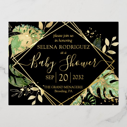 黒エレガント熱帯男女兼用赤ちゃん 箔招待状ポストカード (正面)