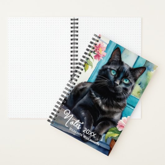 黒エレガント猫ウォーターカラーアーパーソナライズされたト ノートブック (内側)