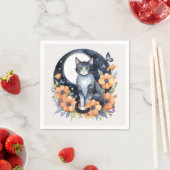 黒エレガント猫フローラムーンアート – 自然インスパイア スタンダードカクテルナプキン (インサイチュ)