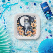 黒エレガント猫フローラムーンアート – 自然インスパイア ペーパープレート (パーティー)