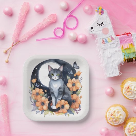 黒エレガント猫フローラムーンアート – 自然インスパイア ペーパープレート (パーティー)