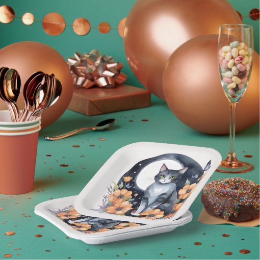 黒エレガント猫フローラムーンアート – 自然インスパイア ペーパープレート (複数)