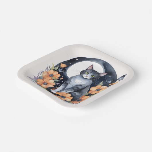 黒エレガント猫フローラムーンアート – 自然インスパイア ペーパープレート (傾斜あり)