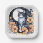 黒エレガント猫フローラムーンアート – 自然インスパイア ペーパープレート (正面)