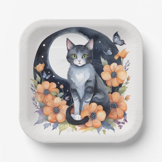 黒エレガント猫フローラムーンアート – 自然インスパイア ペーパープレート (正面)