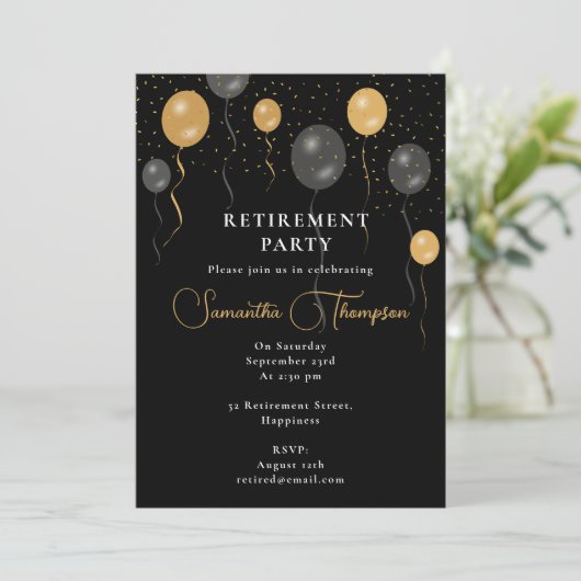 黒エレガント球と金ゴールドバルーン退職パーティー 招待状 (スタンド正面)