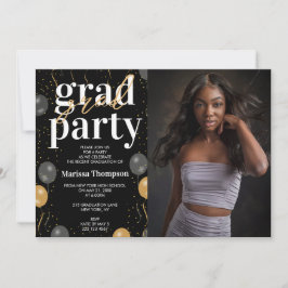 黒エレガント球と金ゴールド風船の卒業写真 招待状