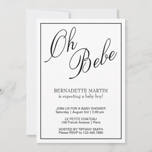 黒エレガント男女兼用白の赤ちゃんシャワー 招待状 (正面)