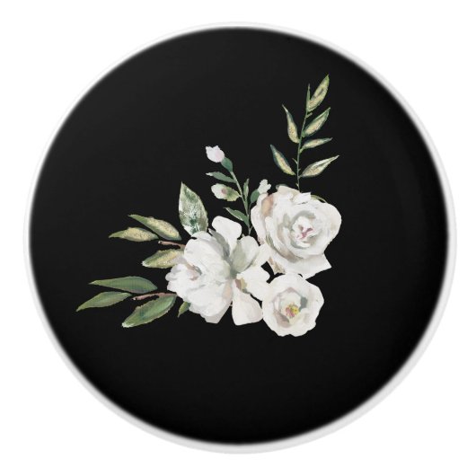 黒エレガント白い花引き出し セラミックノブ (正面)