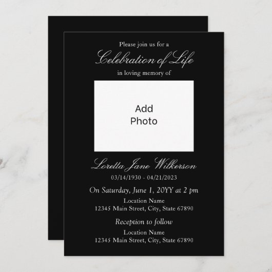 黒エレガント白お祝いの写真 招待状 (正面/裏面)