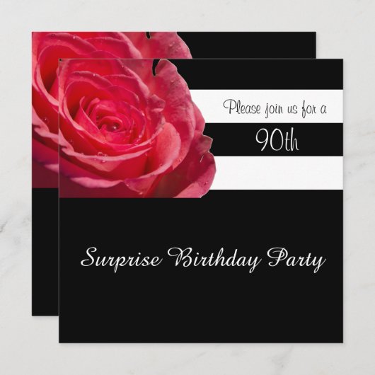 黒エレガント白とストライプピンクのバラ 招待状 (正面/裏面)