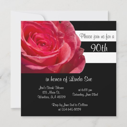 黒エレガント白とストライプピンクのバラ 招待状 (裏面)