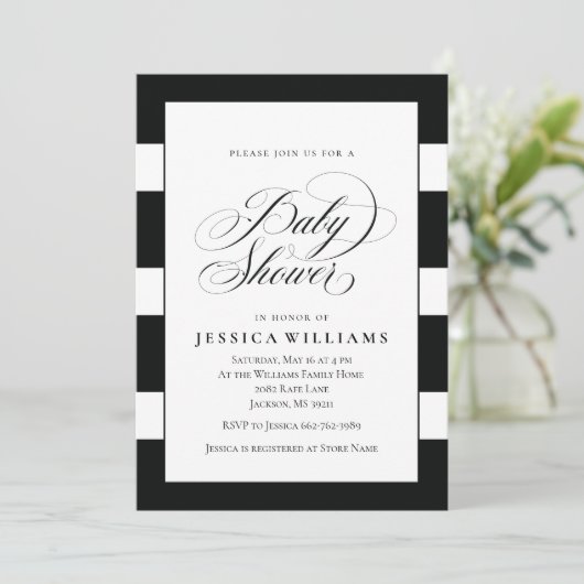 黒エレガント白と白のストライプ赤ちゃんシャワー 招待状 (スタンド正面)