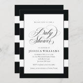 黒エレガント白と白のストライプ赤ちゃんシャワー 招待状 (正面/裏面)