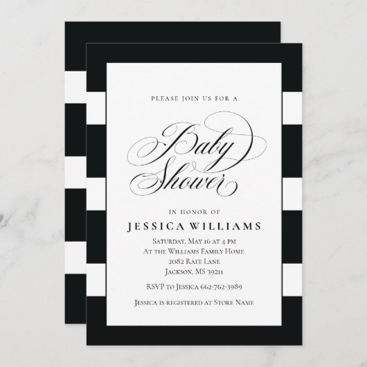 黒エレガント白と白のストライプ赤ちゃんシャワー 招待状 (正面/裏面)