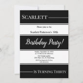 黒エレガント白のストライプ誕生日 招待状 (正面)