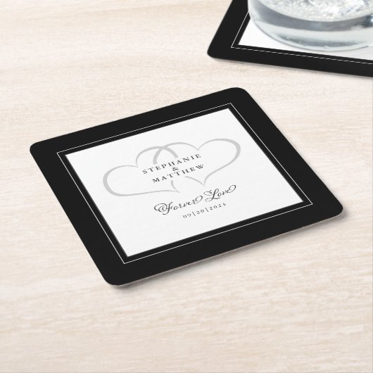 黒エレガント白のハート結婚永遠の愛 スクエアペーパーコースター (アングル)