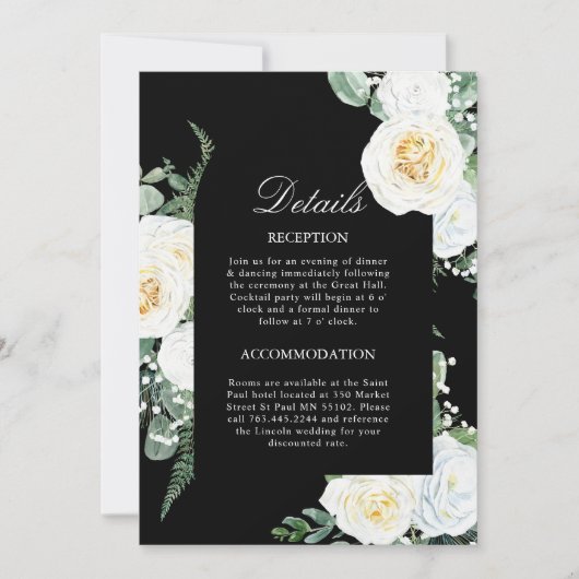 黒エレガント白のバラ結婚のエンクロージャカード 招待状 (正面)