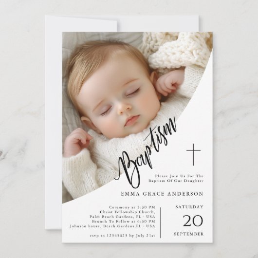 黒エレガント白の写真男女兼用洗礼 招待状 (正面)