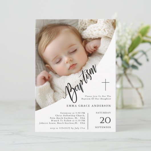 黒エレガント白の写真男女兼用洗礼 招待状 (スタンド正面)