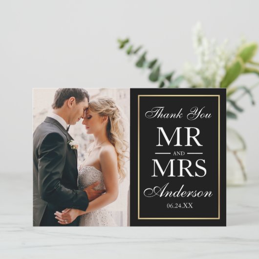 黒エレガント白の写真結婚ありがとうG サンキューカード (スタンド正面)