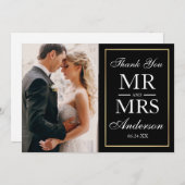 黒エレガント白の写真結婚ありがとうG サンキューカード (正面/裏面)