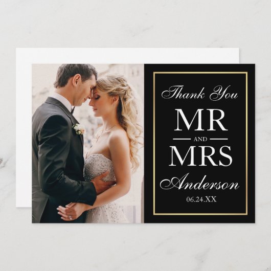 黒エレガント白の写真結婚ありがとうG サンキューカード (正面/裏面)