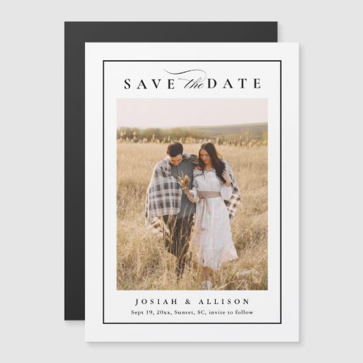 黒エレガント白の写真結婚式の日付を保存 (正面/裏面)