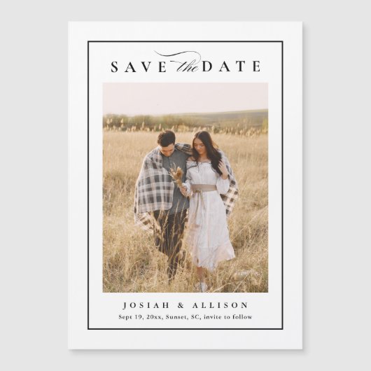 黒エレガント白の写真結婚式の日付を保存 (正面)