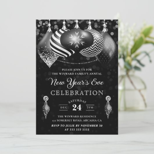 黒エレガント白の冬のボーブル新年 招待状 (スタンド正面)