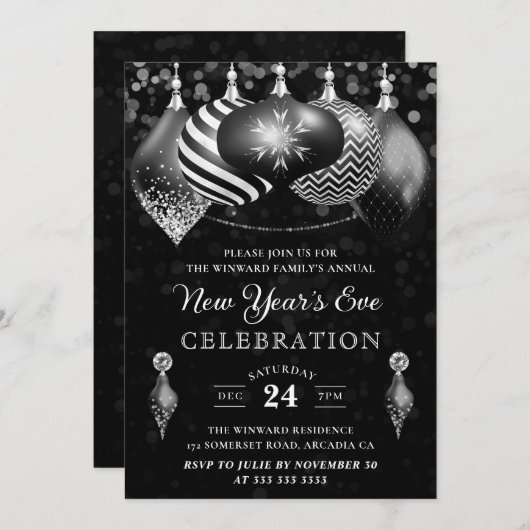黒エレガント白の冬のボーブル新年 招待状 (正面/裏面)