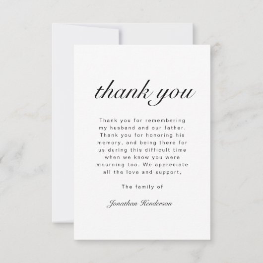 黒エレガント白の台本の葬儀写真 サンキューカード (裏面)