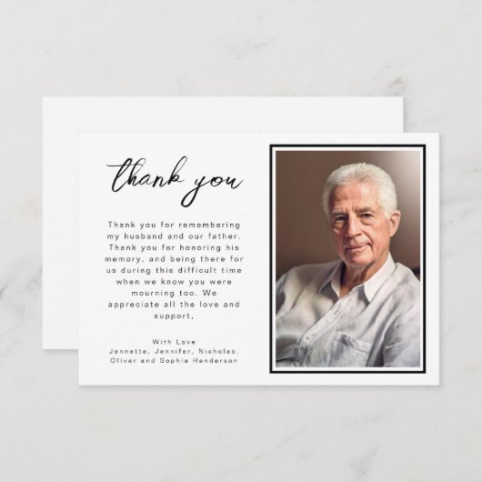 黒エレガント白の台本の葬儀写真 サンキューカード (正面/裏面)