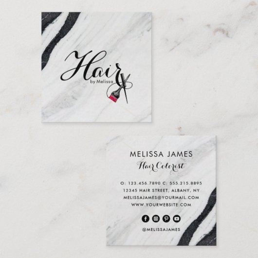 黒エレガント白の大理石の髪の名前 スクエア名刺 (正面/裏面)