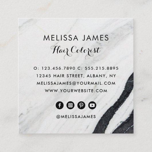 黒エレガント白の大理石の髪の名前 スクエア名刺 (裏面)