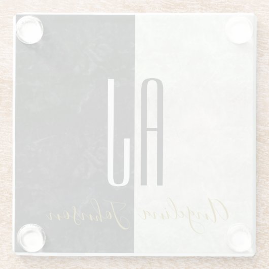 黒エレガント白の大理石モノグラムの ガラスコースター (裏面)