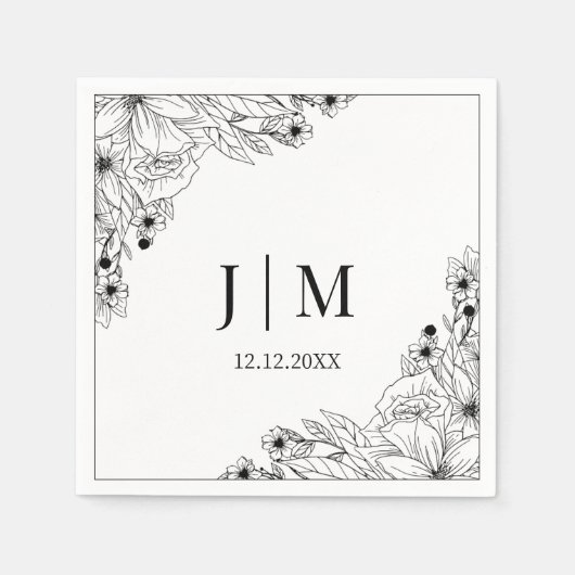 黒エレガント白の植物性モノグラ結婚ム スタンダードカクテルナプキン (正面)