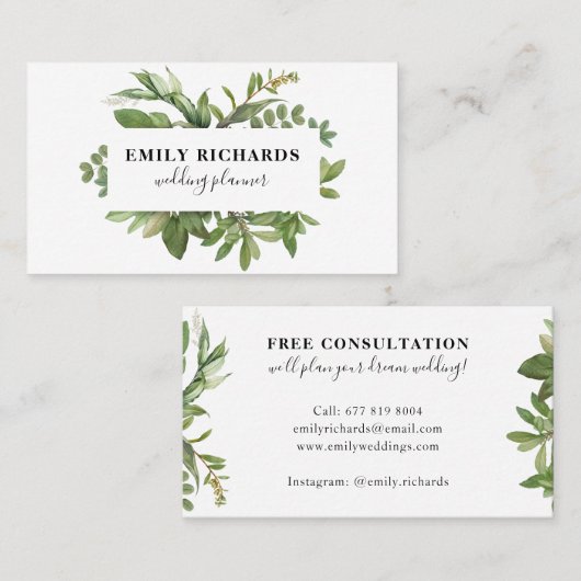 黒エレガント白の植物離れ文字 名刺 (正面/裏面)