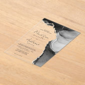 黒エレガント白の水彩大理石結婚 アクリル招待状 (レイダウン)