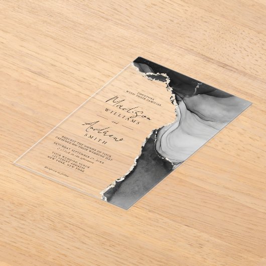 黒エレガント白の水彩大理石結婚 アクリル招待状 (レイダウン)