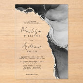 黒エレガント白の水彩大理石結婚 アクリル招待状 (正面)