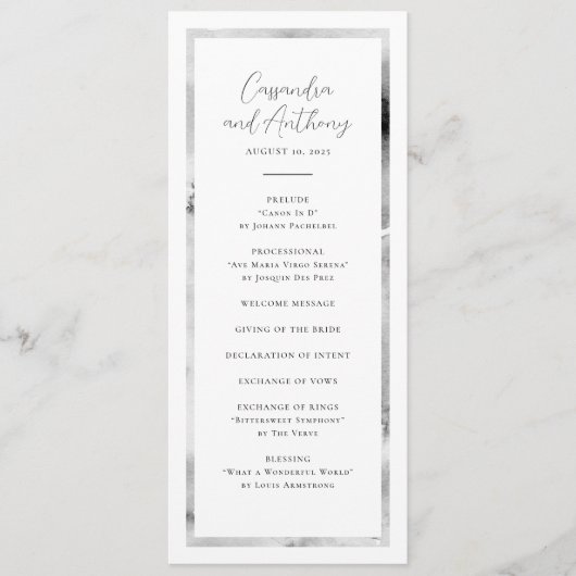 黒エレガント白の水彩大理石結婚 プログラム (正面)