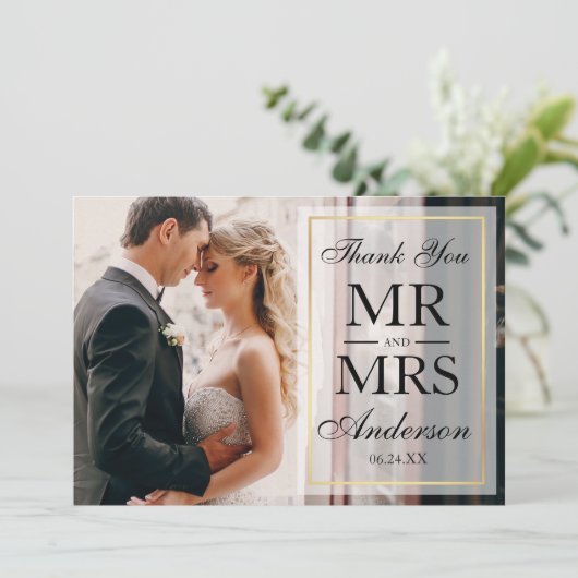 黒エレガント白の結婚ありがとう写真GF サンキューカード (スタンド正面)